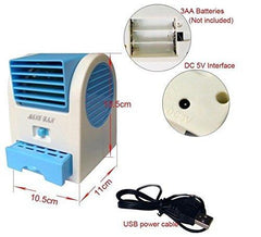 Mini air conditioner showing adjustable fan and USB cable