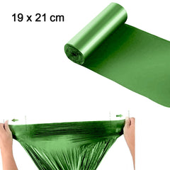 Biodegradable green garbage bags for small waste disposal 19 by 21 inches.