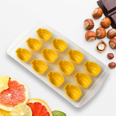 close-up of colorful fruit-shaped ice cubes made with silicone tray