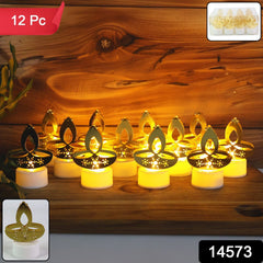 Set of 12 golden LED tealight candles in diya shape