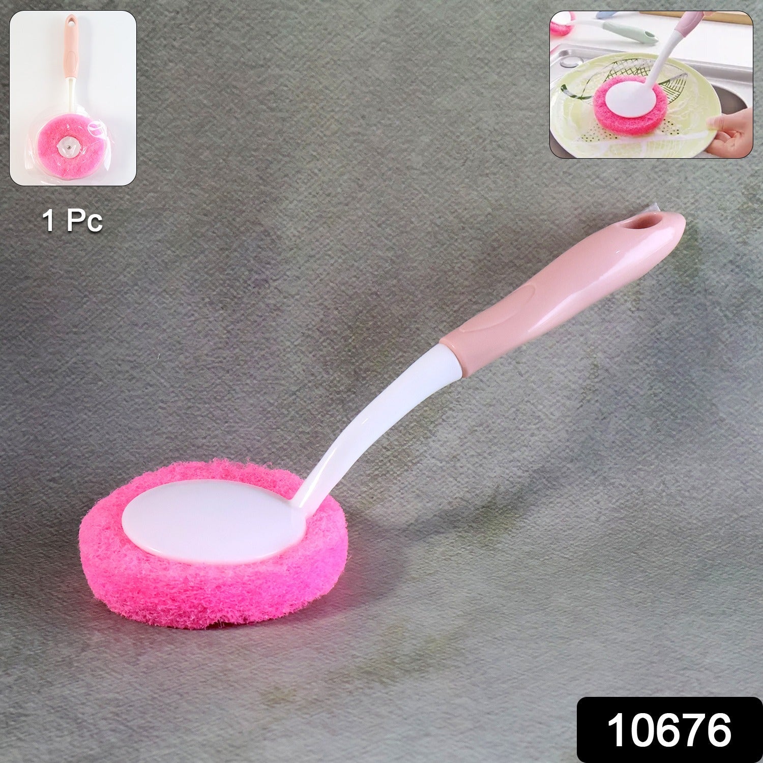 Kitchen dish scrubber brush with long handle and soft round sponge