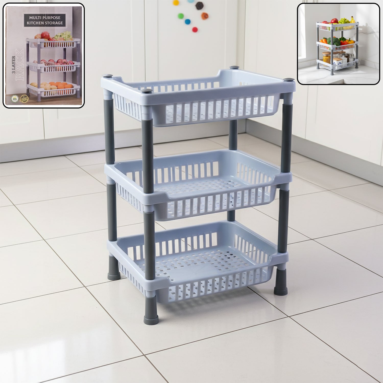 3-Layer Kitchen Storage Basket Rack with ventilated baskets