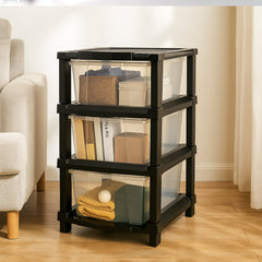 Clear storage drawer organizer with three pull-out drawers