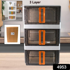 Stacked plastic folding storage organizers in black and white