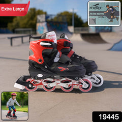 XL size inline skating shoes showing sole and wheels