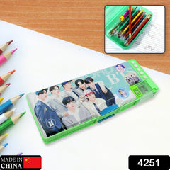 Side view of cartoon pencil case with multiple compartments