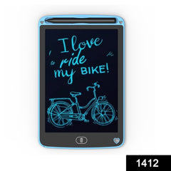 Kid drawing on slim blue LCD digital notepad, showcasing its portability