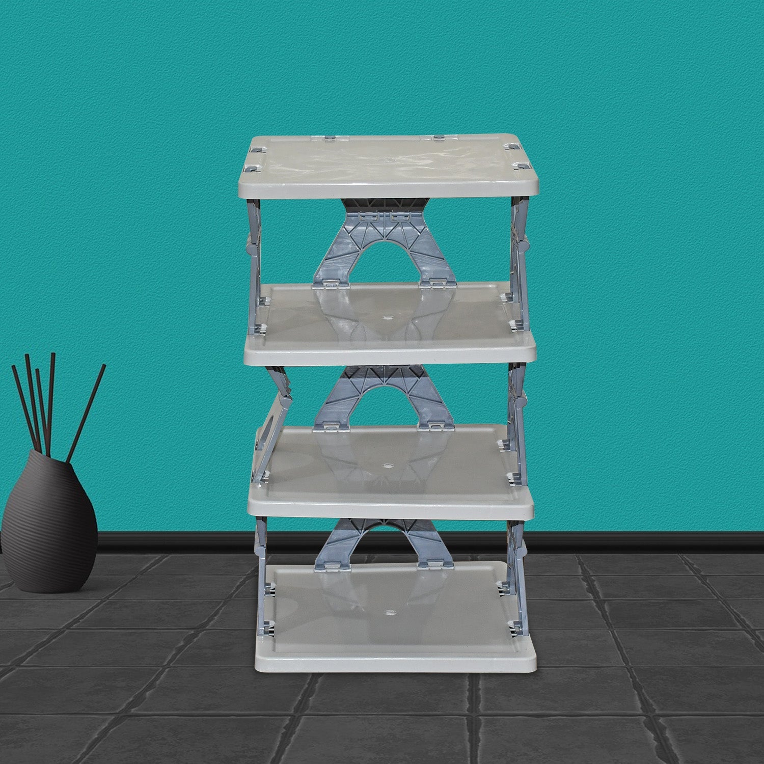Foldable 4-layer shoe rack fully assembled with shoes