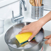 2-in-1 scrub sponge with nylon scrub and soft sponge sides for kitchen and bathroom cleaning