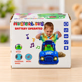 A blue toy bus with a green base and a panda driver is displayed in its product box.