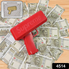 Hand holding a money gun, ready to spray cash
