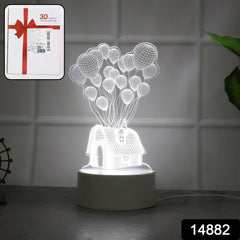 Close-up of 3D Illusion LED lamp design showing house & balloons