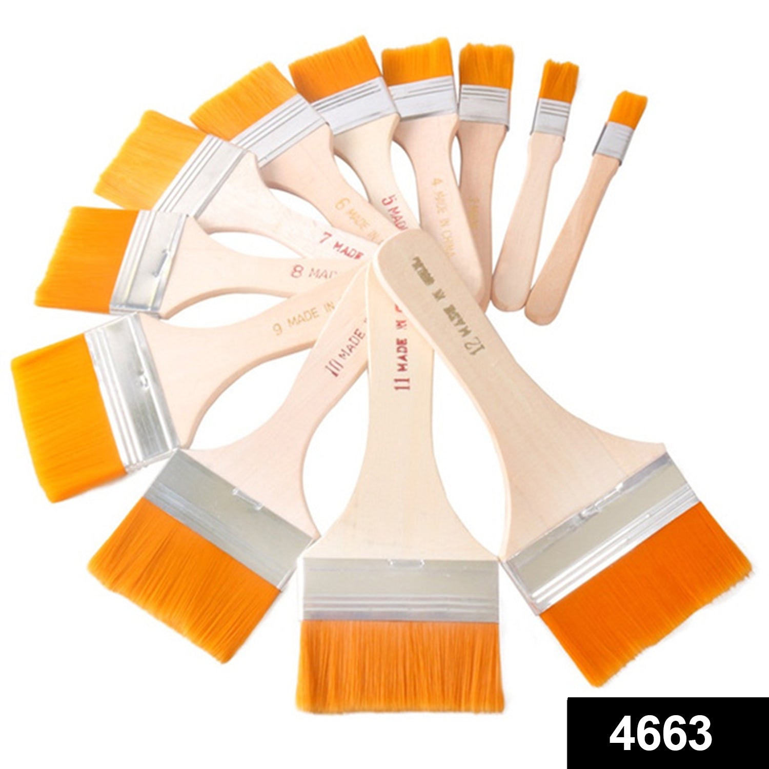 Top view of 12-piece flat paint brush set with multicolor handles