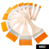 Top view of 12-piece flat paint brush set with multicolor handles