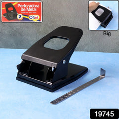Paper punch machine showing punch holes and handle