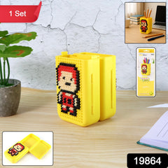 Pixel art pen stand with customizable building blocks on desk