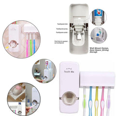 Side view of the wall-mounted toothpaste dispenser and toothbrush holder