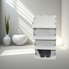Side view of foldable shoe rack with shoes organized