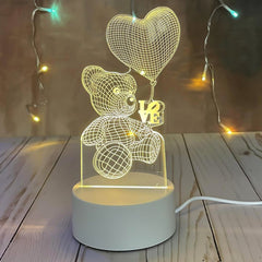3D Illusion LED Night Lamp with Teddy Bear Holding Heart Design