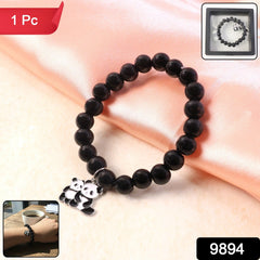 Black beaded bracelet with panda charm in a gift box