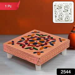Detailed Multicolor Hand Painting on Wooden Chowki