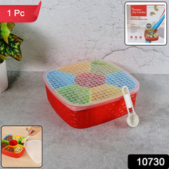 Top view showing compartments with various snacks in box