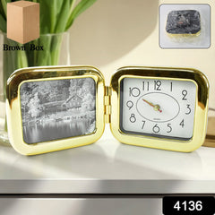 Foldable desk clock open, displaying time