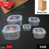 5-piece plastic fridge storage container set.
