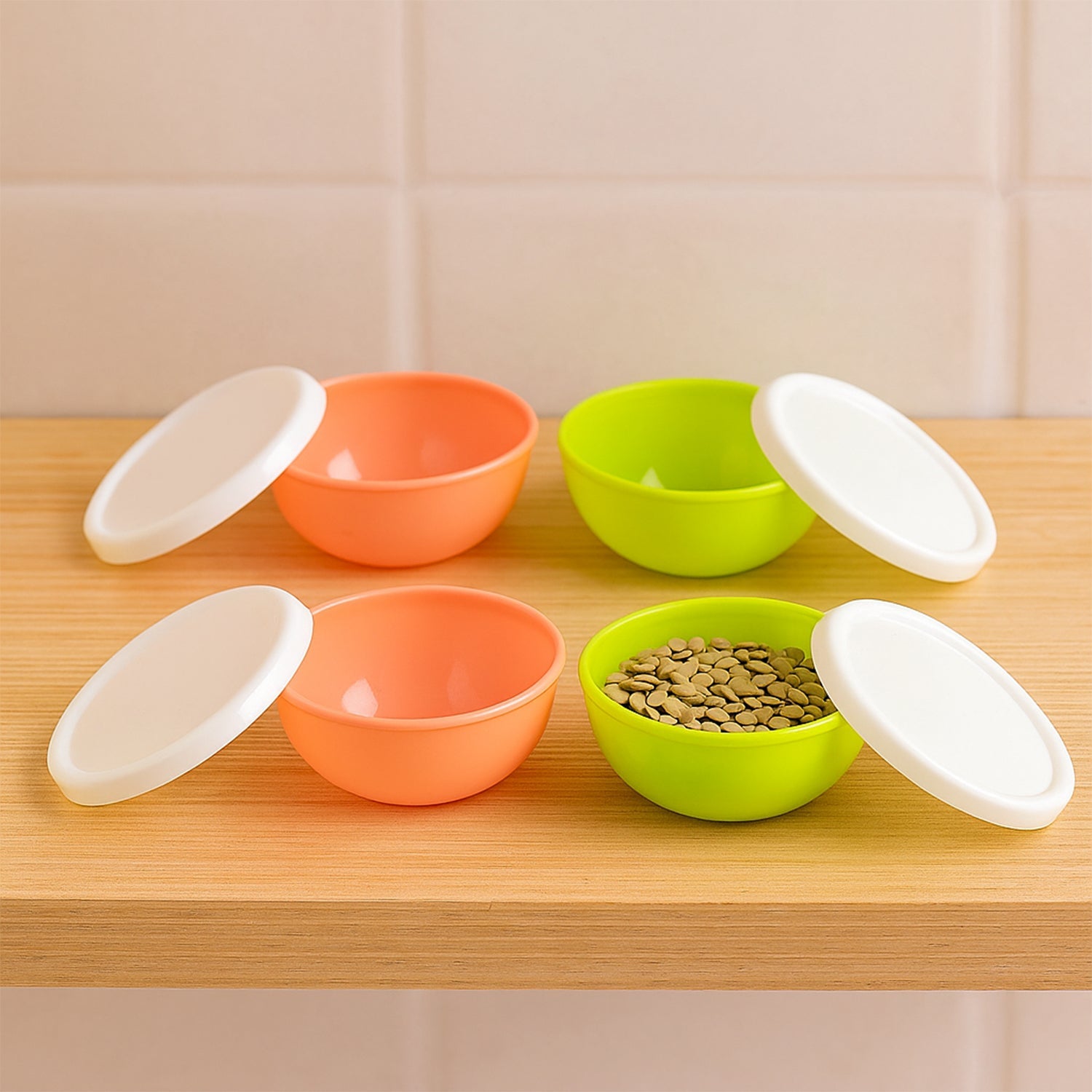 Set of four small round plastic bowls with clear lids
