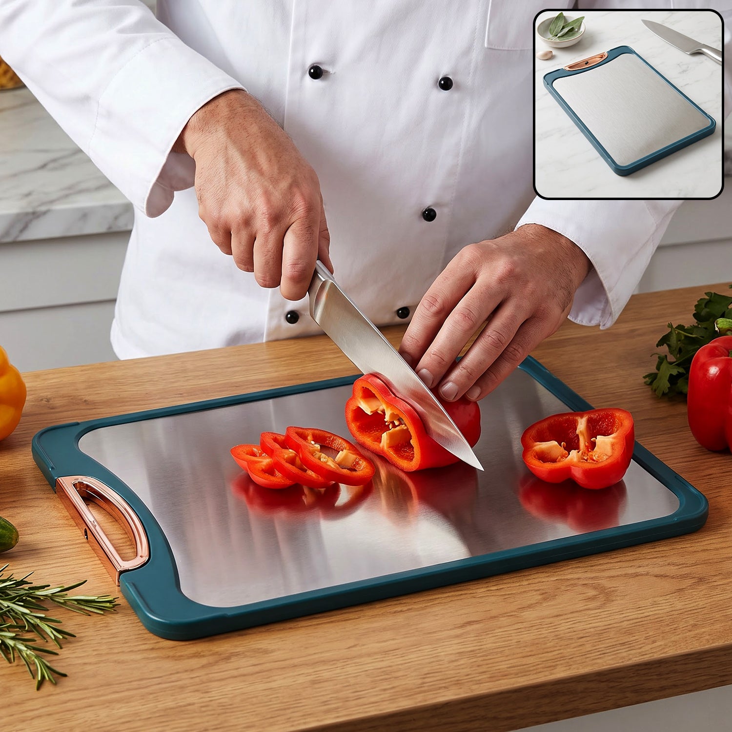 A chef slices red bell pepper on a teal and stainless steel cutting board with a copper-colored handle accent.