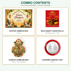 Four square images displaying a festive hamper box, cigar rolls, Ganesh kumkum dish, and Lakshmi-Ganesh coin.