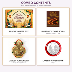 A grid showing four individual items: a festive hamper box, a box of hazelnut cream cigar rolls, a Ganesh kumkum dish, and a
