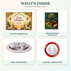 Four square images showing the festive hamper box, pistachio cream cigar rolls, oval kumkum dish, and Lakshmi-Ganesh coin.