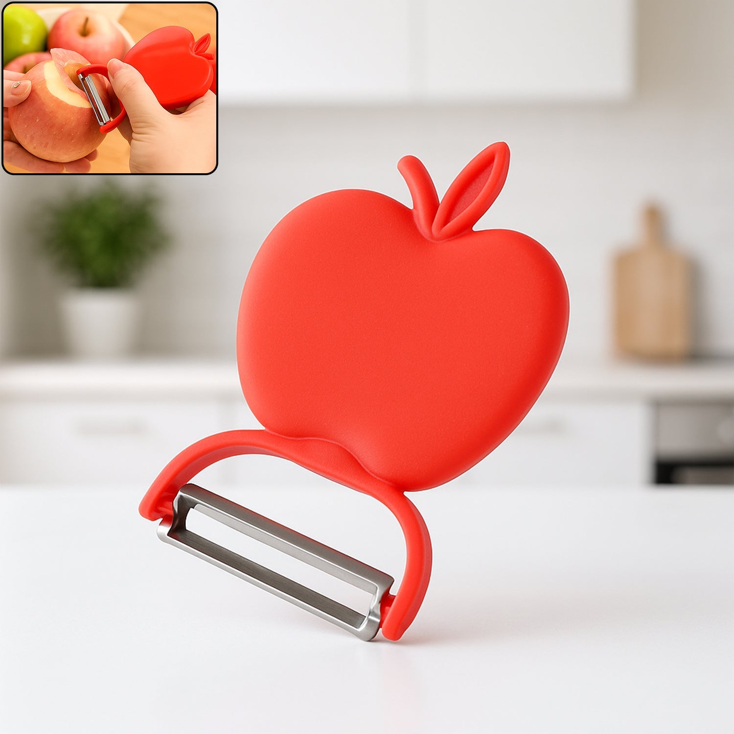 Apple shaped folding vegetable peeler front view