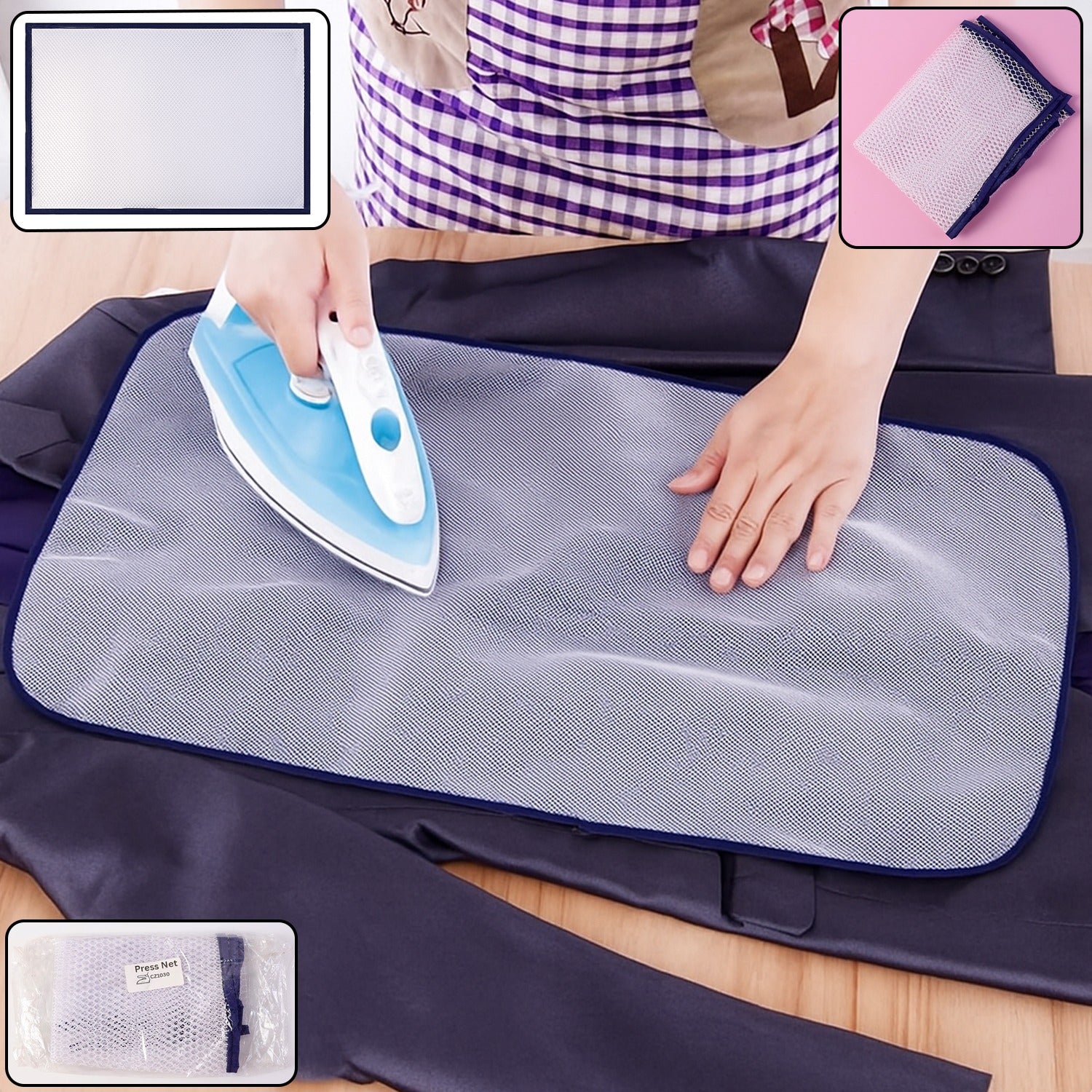 Large mesh ironing press net on a garment