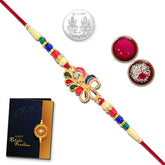 (K1_267) Multicolor Colorful circular shaped Rakhi Combo with Silver Color Pooja Coin, Tilak Set & Greeting Card | Rakhi for brother | Rakhi Set for brother | rakhi combo for brother | rakhi cards | Fancy Rakhi for brother | rakhi online | rakhi in