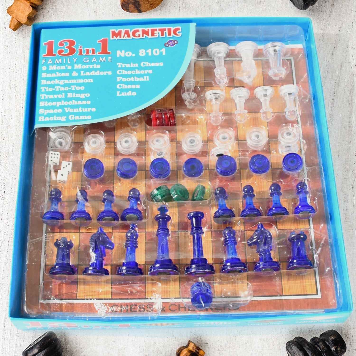 13-in-1 family board game set showing chess and other games
