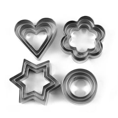 Assorted stainless steel cookie cutters including heart, star, and flower shapes