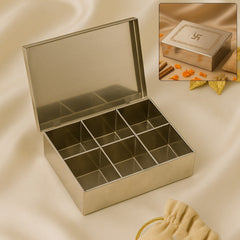 Open view of stainless steel jewelry case with 6 compartments