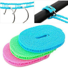 Nylon clothesline with hooks hanging outdoors
