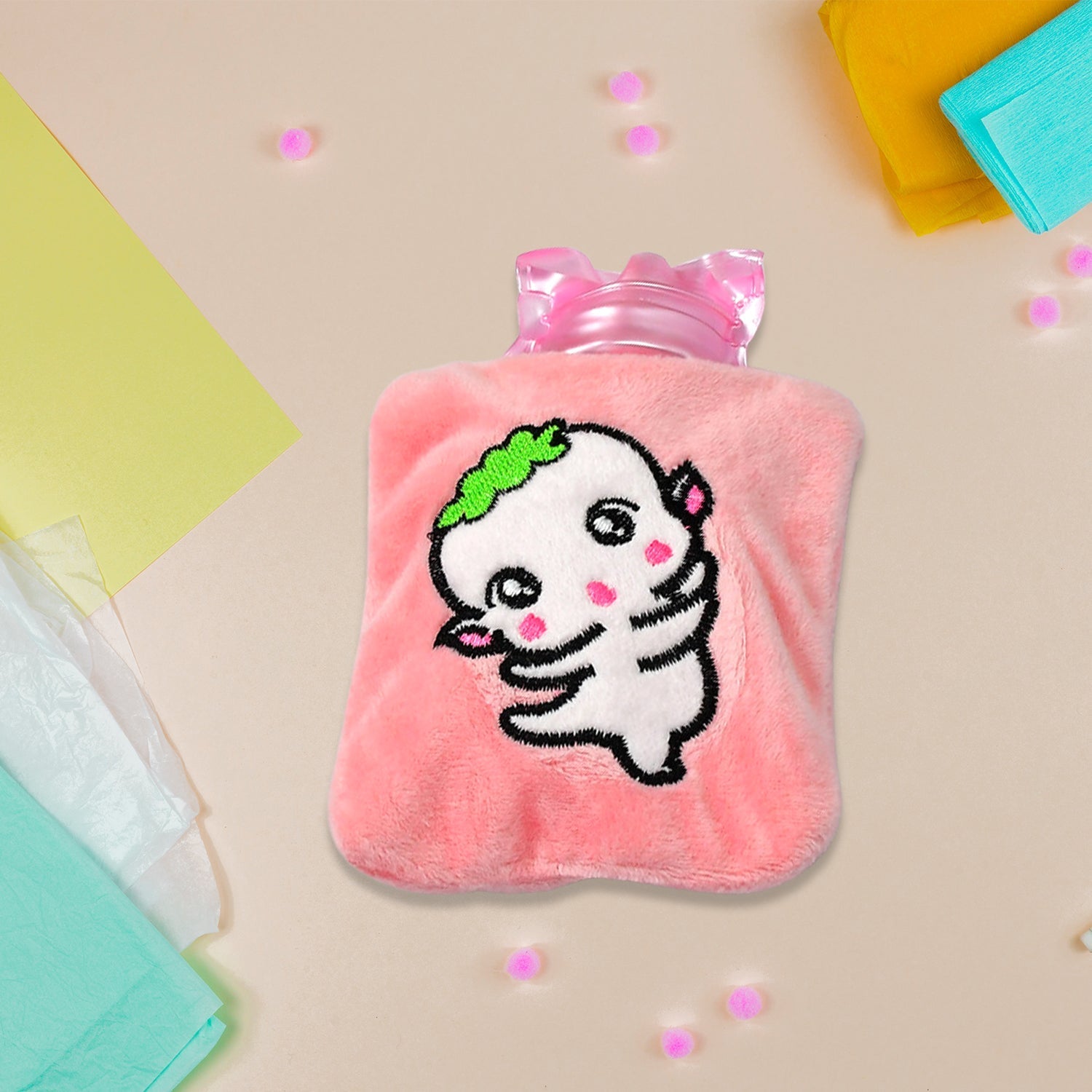 Pink Cartoon Small Hot Water Bag with soft cover front view