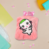 Pink Cartoon Small Hot Water Bag with soft cover front view