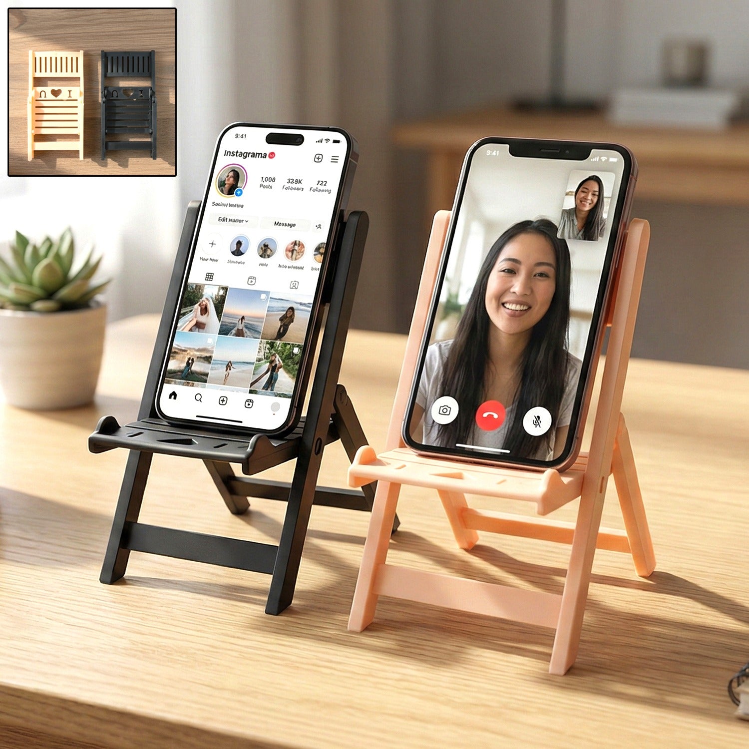 Mini chair shaped foldable mobile phone stand on white background