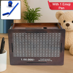 Wooden piggy bank with '1,00,000' goal & emoji pan