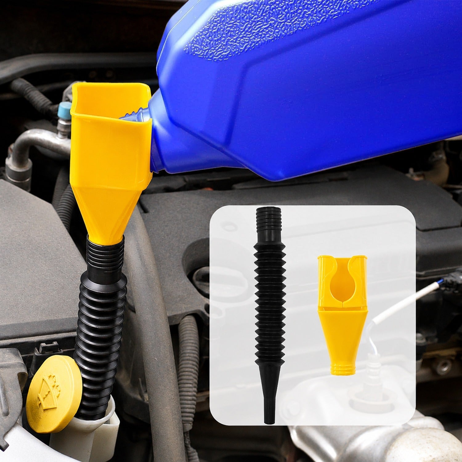 Flexible plastic funnel for automotive fluid transfer.