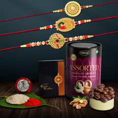 (K3_362+401+402_AS) Rakhi Combo with Assorted Chocolate Dryfruits 96gm| Rakhi for brother with gift | Fancy Rakhis for men stylish |rakhi combo for brother | Set of 3 Rakhi | Chocolate |