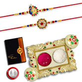 (K2_298+299_AA1) Rakhi Combo with Pooja Coin, Gold Color Pooja Thali / Tilak Set & Greeting Card, rakhi thali | rakhi for brother and bhabhi | Rakhi with plate | Rakhi for brother and bhabhi | rakhi silver | rakhi for baby brother | rakhi for broth