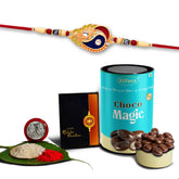 (K1_534_Cd) Multicolor Bracelet/ Rakhi With Choco Delight, Silver Color Pooja Coin, Roli Chawal & Greeting Card| Rakhi For Brother With Gift | Handmade Rakhi, Set Of 1 Rakhi