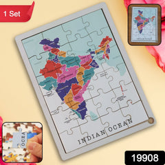 Close-up of interlocking wooden India map puzzle pieces