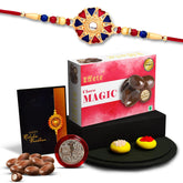 (K1_536_CM32) Multicolor Hearts Diamond Colorful Beads Rakhi Combo with Chocolate Magic 32gm, Silver Color Pooja Coin, Roli Chawal & Greeting Card, Occasion, Rakhi & Chocolate for brother, Rakhi with chocolate, rakhi with gift, Rakhi Combo,